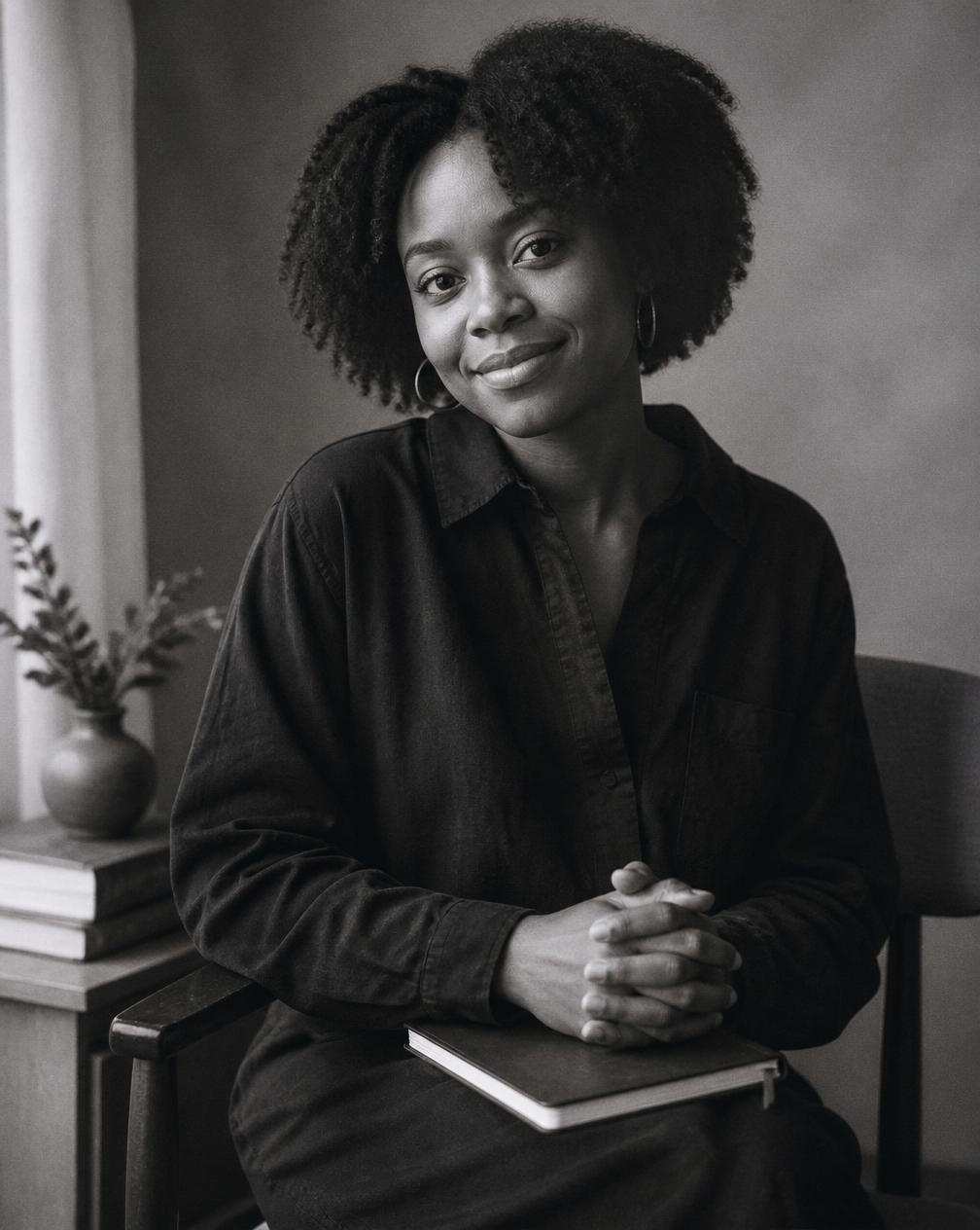 Zainab seated with a journal